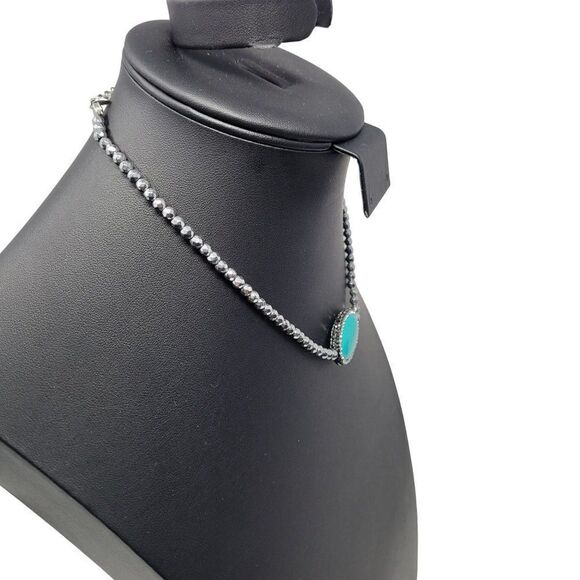 Vintage 90s Signed LUC Silver Bicone Rhinestone Faux Turquoise Oval Pendant Coll - Picture 7 of 13